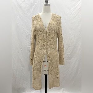 VINTAGE 70’s light tan crochet midi cardigan / boho coverup /open knit sweater